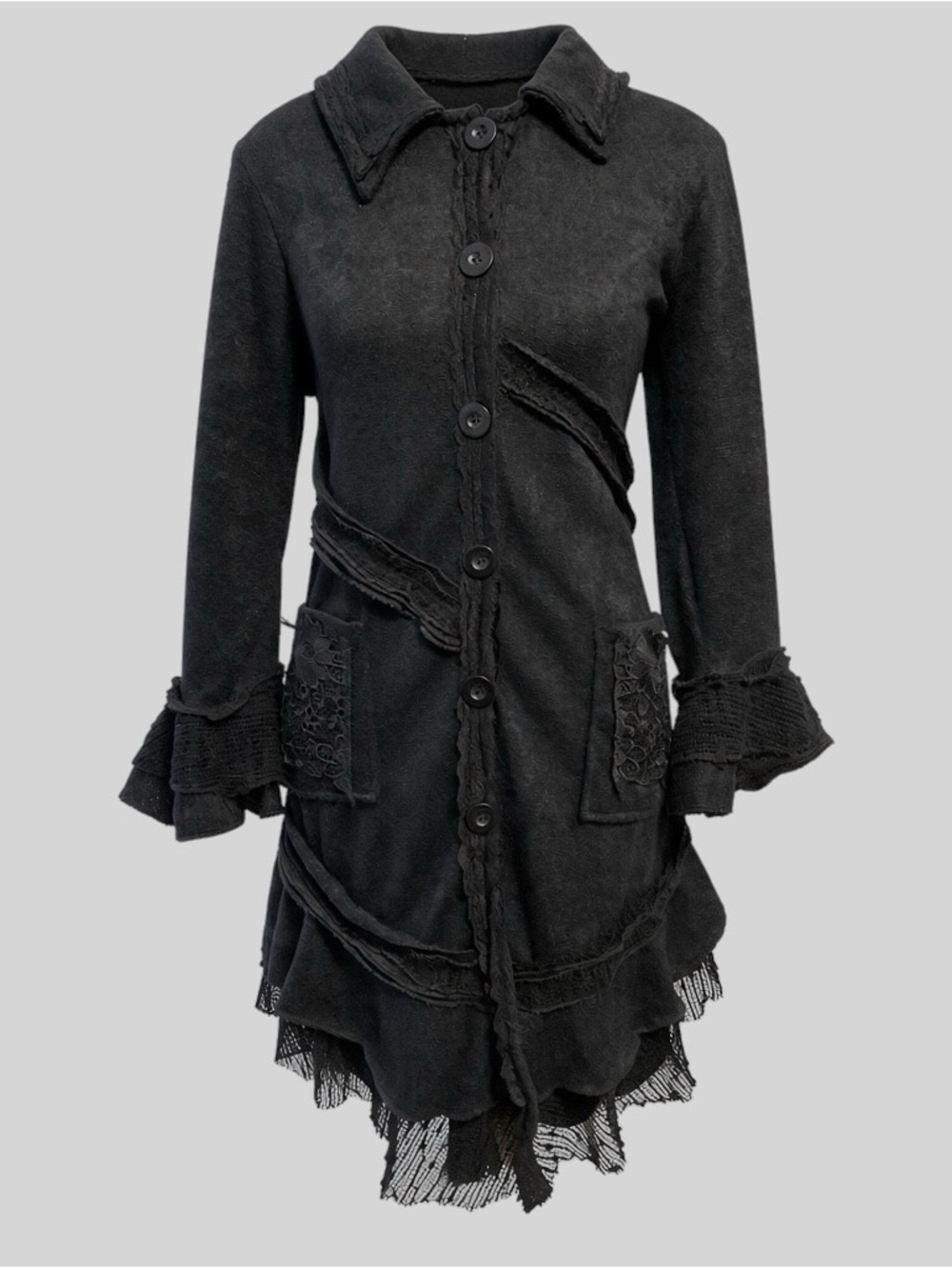 Pretty Angel Black Linen Blend Lagenlook Lace Ruffle Cardigan Sweater Coat M
